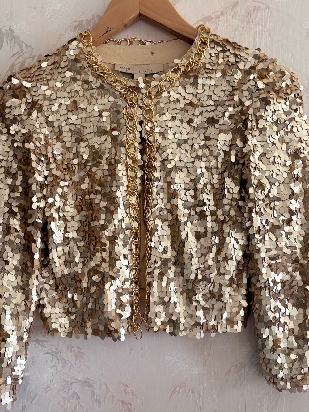 Mango Moments Gold Sequin Chain Trim Cropped Bolero Jacket Size XS